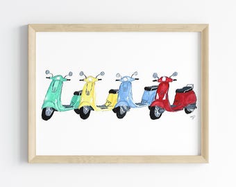 Vespa Watercolor Print | Moped Wall Art | Scooter Art | Sport Wall Art | Colorful Home Decor | Car Handmade Art | Kids Room Art | Motorcycle