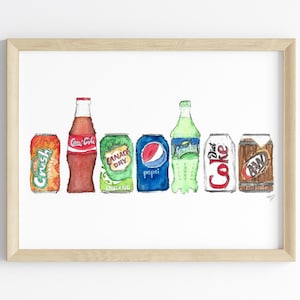 Soda Pop Watercolor Print | Soda Can | Kids Wall Art | home decor | Food Handmade Art | Birthday Gift | Kitchen Art | Colorful Art