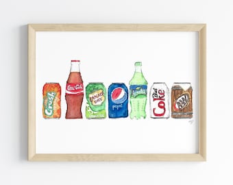 Soda Pop Watercolor Print | Soda Can | Kids Wall Art | home decor | Food Handmade Art | Birthday Gift | Kitchen Art | Colorful Art