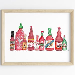 Hot Sauce Watercolor Print | Spicy Sriracha | Kitchen Wall Art | Hot Sauce Lover | Red Home Decor | Food Handmade Art | Tabasco Gift