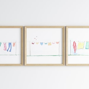 Laundry Clothes Line Watercolor Digital Download Print | Set of 3 | Downloadable Wall Art | Laundry Room decor | lingerie sheets linen art