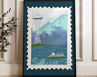 Seattle Washington Art Print: Vintage Retro Travel Stamp Poster, Digital Download 24x36, SeaTown Home Decor, WA, Space Needle Wall Art