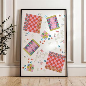 May include: A white background with a colorful illustration of various board games, including checkers, backgammon, and dominoes. The games are scattered across the background, creating a playful and dynamic design.