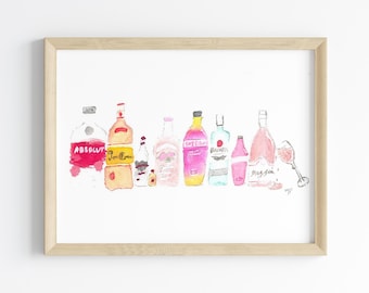 Watercolor Alcohol Bottles Print: Bar Cart Art (Digital Download)