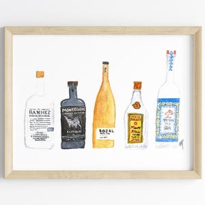 Wydruk akwarelowy z mezcalem | Meksykańskie butelki na alkohol | Sztuka ścienna | Wystrój domu | Wydruk na wózku barowym | Ręcznie robiona sztuka | Meksykańska sztuka | Malowanie tequili