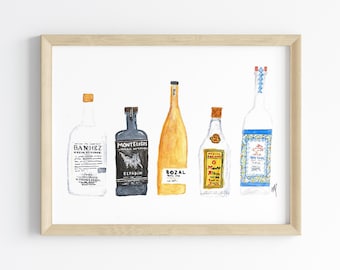 Mezcal Watercolor Print | Mexican Alcohol Bottles | Wall Art | Home Decor | Bar Cart Print | Handmade Art | Mexico Art | Tequila Painting