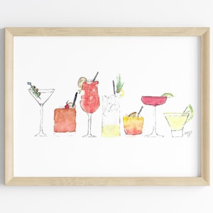 カクテルアートプリント | バーカートとキッチンアート用の水彩画 | 特製ドリンクの絵画 | マティーニネグローニレモンドロップドリンクウォールアート