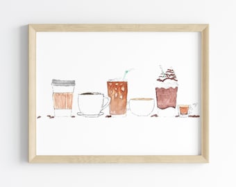 Coffee Watercolor Print | Latte Art | Espresso Painting | Coffee Bar Art | Wall Art Home Decor | Drink Handmade Art | Housewarming Gift