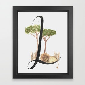 Animal alfabeto acuarela digital Descargar impresión / Carta L León / Arte de pared descargable / decoración de vivero infantil / Hecho a mano / regalo del recién nacido