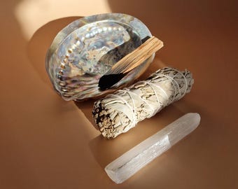 White Sage Ritual Kit, Energy Cleansing Set, Sage Smudge Sticks, Selenite, Palo Santo Stick, Abalone Shell, Home Cleansing Bundle