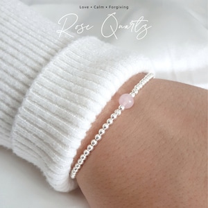 Rose Quartz Crystal Bracelet For Women, Crystal Healing Bracelet, Sterling Silver Beaded Stacking Bracelet, Rose Quartz Jewellery