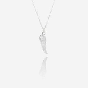 May include: A silver-colored necklace featuring a pendant shaped like a wing. The wing pendant is detailed with feather-like textures and hangs from a delicate chain. The necklace is displayed against a white background.