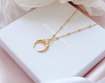 Gold Crescent Moon Horn Necklace, Necklaces For Women, Layering Necklaces, Minimalist Necklace, Boho Necklace, Crescent Moon Jewellery Gift