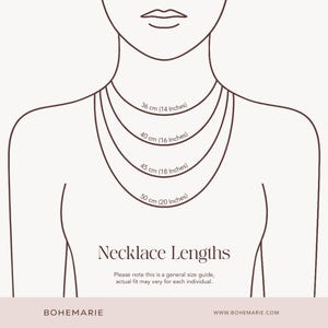 May include: A diagram illustrating necklace lengths, showing four different chain lengths: 14 inches (36 cm), 16 inches (40 cm), 18 inches (45 cm), and 20 inches (50 cm). The text "Necklace Lengths" is displayed below the necklaces.