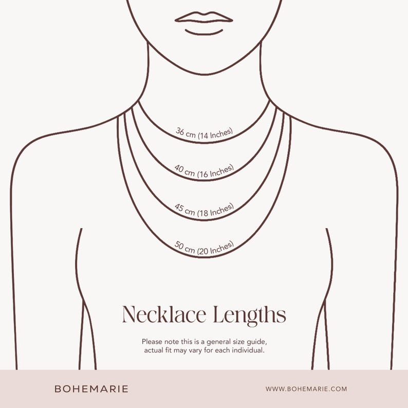 May include: A diagram illustrating necklace lengths, showing four different chain lengths: 14 inches (36 cm), 16 inches (40 cm), 18 inches (45 cm), and 20 inches (50 cm). The text "Necklace Lengths" is displayed below the necklaces.