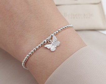 Sterling Silver Butterfly Bracelet For Women, Dainty Silver Bracelet, Minimalist Butterfly Jewelry, Beaded Stacking Bracelet, Gifts For Her