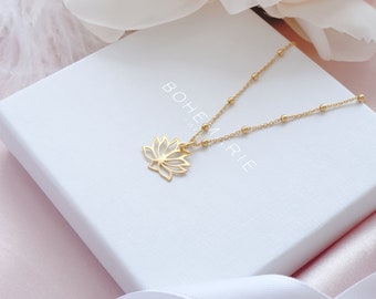 Lotus Flower Necklace in Silver or Gold, Satellite Chain, Lotus Flower Jewellery, Necklaces for Women, Gift for Her, Birthday Gift