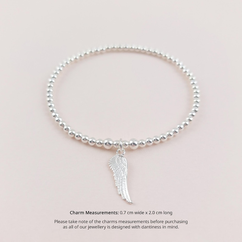Sterling Silver Angel Wing Bracelet For Women, Dainty Silver Bracelet, Minimalist Angel Wing Jewelry, Beaded Stacking Bracelet, Gift For Her image 3