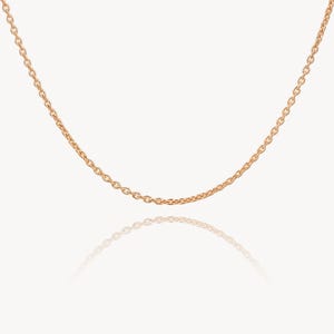 May include: A delicate, rose gold chain necklace. The chain is composed of small, evenly spaced links, creating a smooth, continuous line. The necklace is displayed against a white background, with a subtle reflection below.