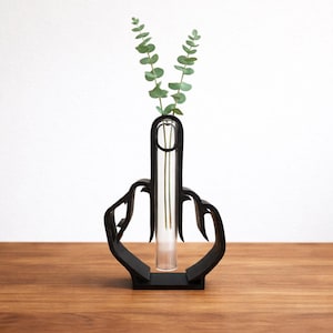 Könnte beinhalten: Eine schwarze Vase in Form einer Hand, die den Mittelfinger zeigt. Ein klares Glasrohr enthält grüne Eukalyptusstiele. Die Vase steht auf einer Holzoberfläche vor einem weißen Hintergrund. Ein einzigartiges und ausgefallenes Wohnaccessoire.