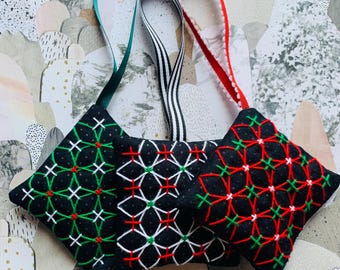 Sashiko Hydrangea Christmas Ornament Kit, Japanese Embroidery Craft (3 Decorations)