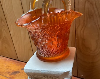 Reduced Antique, Beaded Basket, IRIDESCENT MARIGOLD Pre 1913 By DUGAN Glass Company