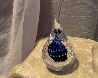 ADAM JABLONSKI, Teardrop Art Glass, PAPERWEIGHT, Artist Signed, Cobalt Blue Center, Poland, 1970s