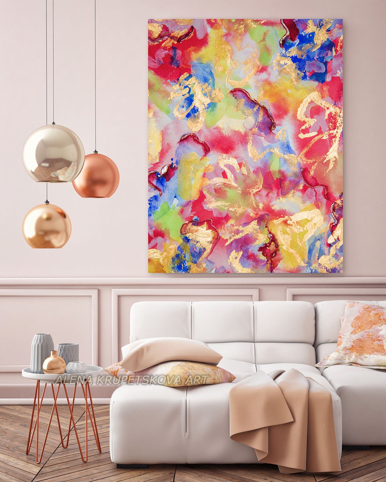Pink gold and blue wall art print Trendy design vibrant pink Etsy