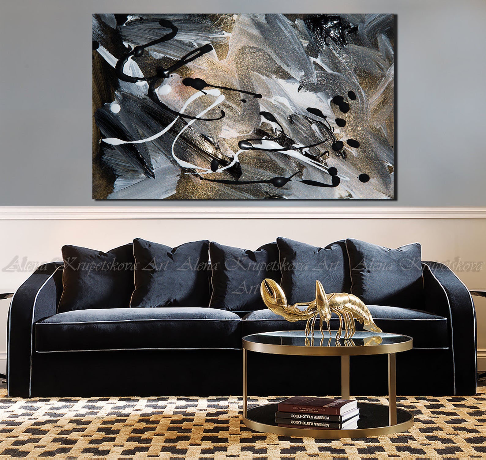Gold black grey abstract art Modern extra large wall art Etsy