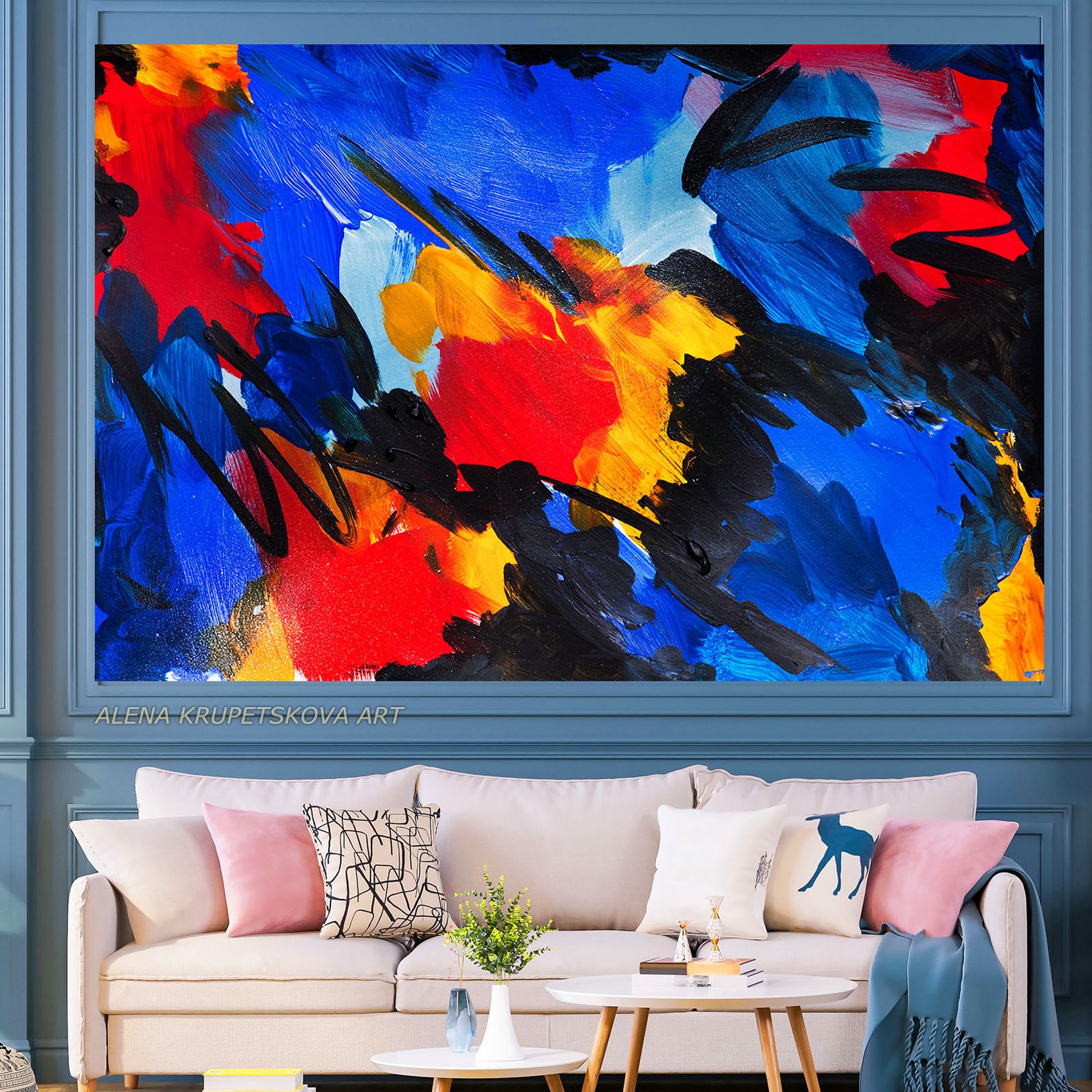 Abstract Trendy Blue and Yellow Wall Art on Canvas Large Etsy