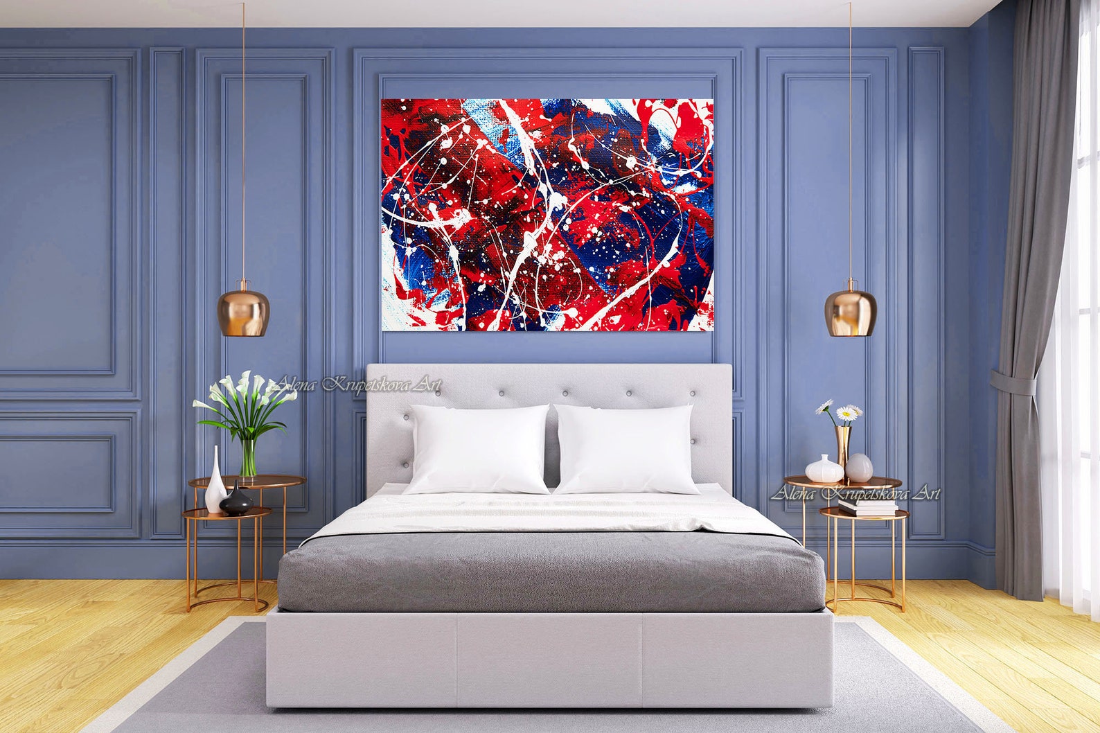 Blue and red wall art for living room Red and blue art print Etsy