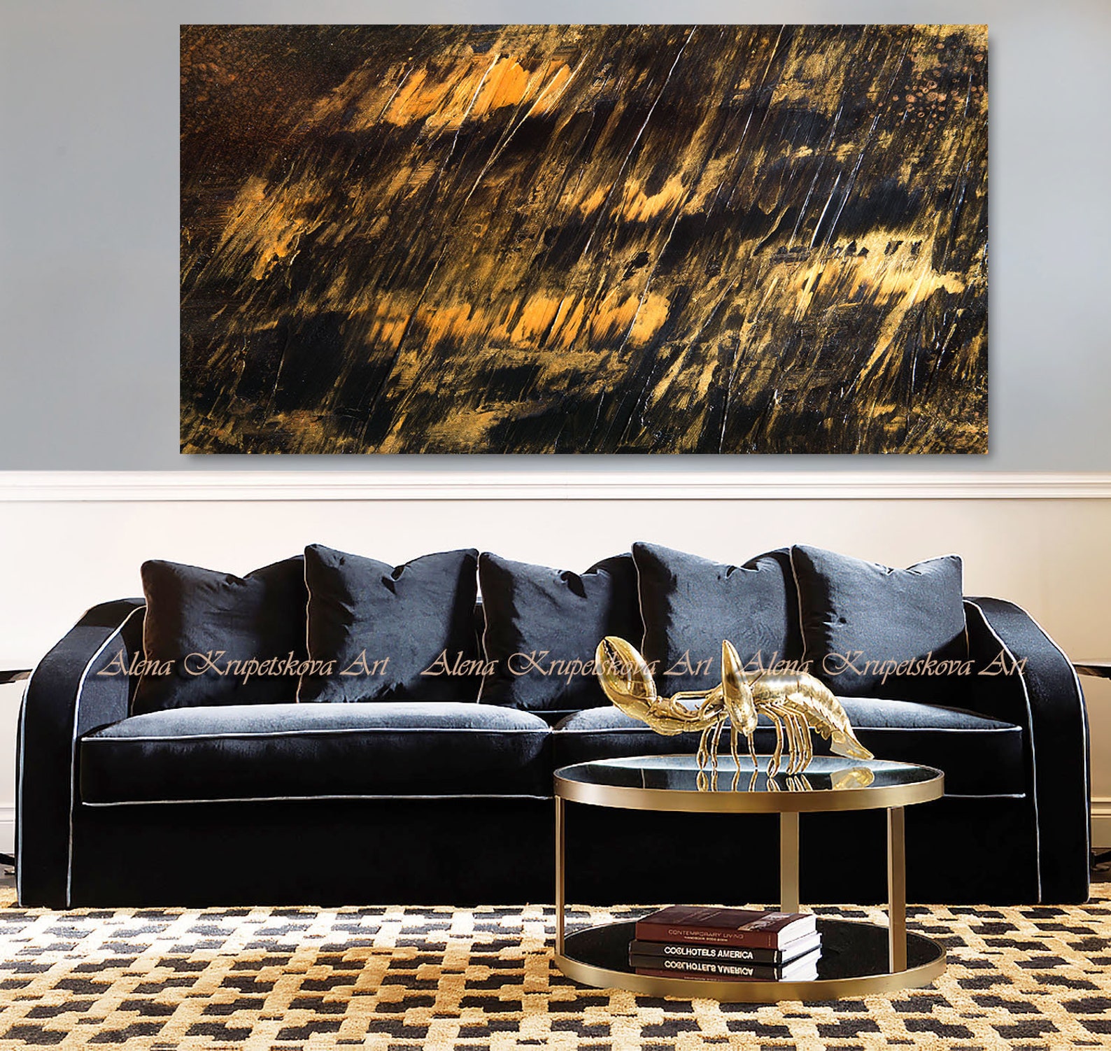 Black and gold abstract art Large black gold wall art print | Etsy