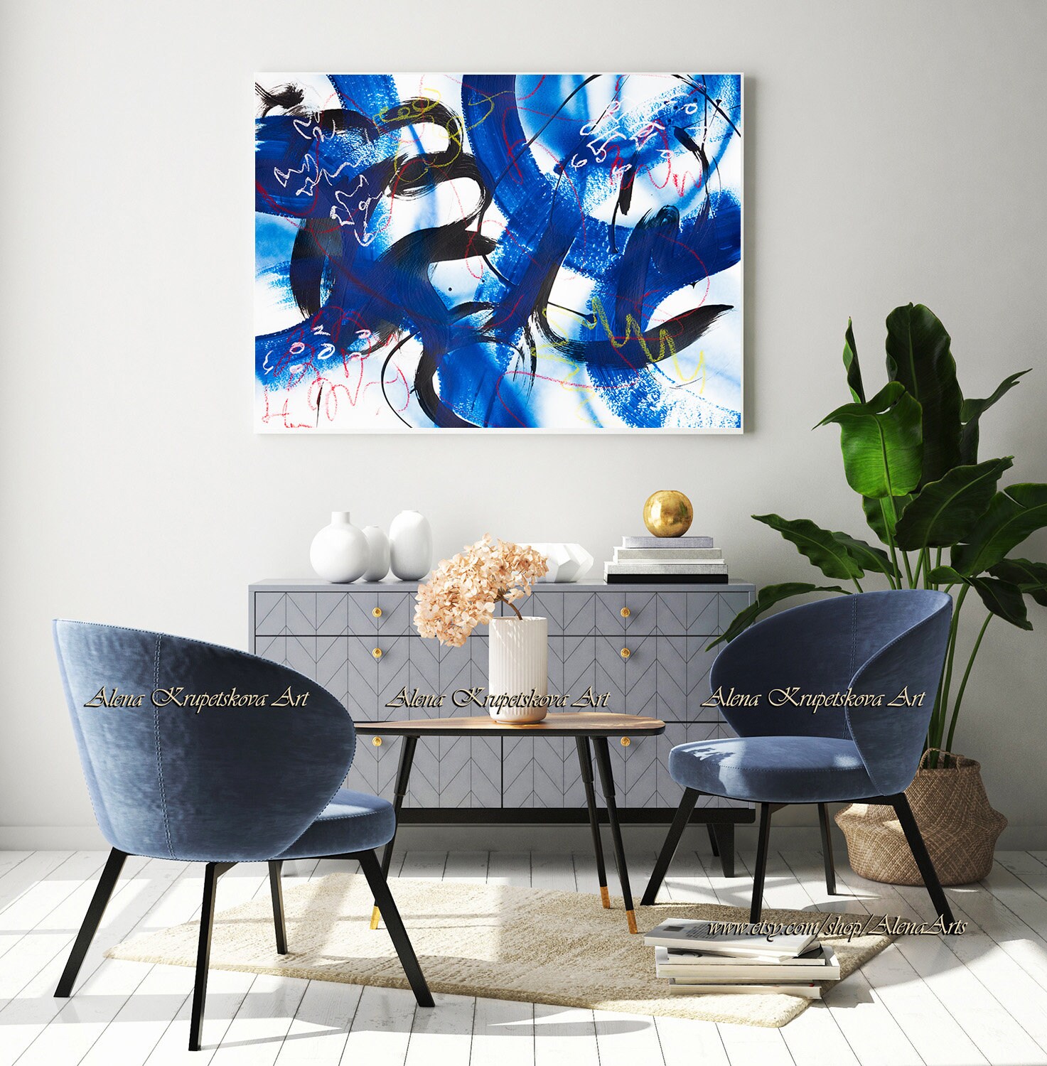 Blue Wall Art on Canvas Trendy Deep Blue Abstract Expressive | Etsy