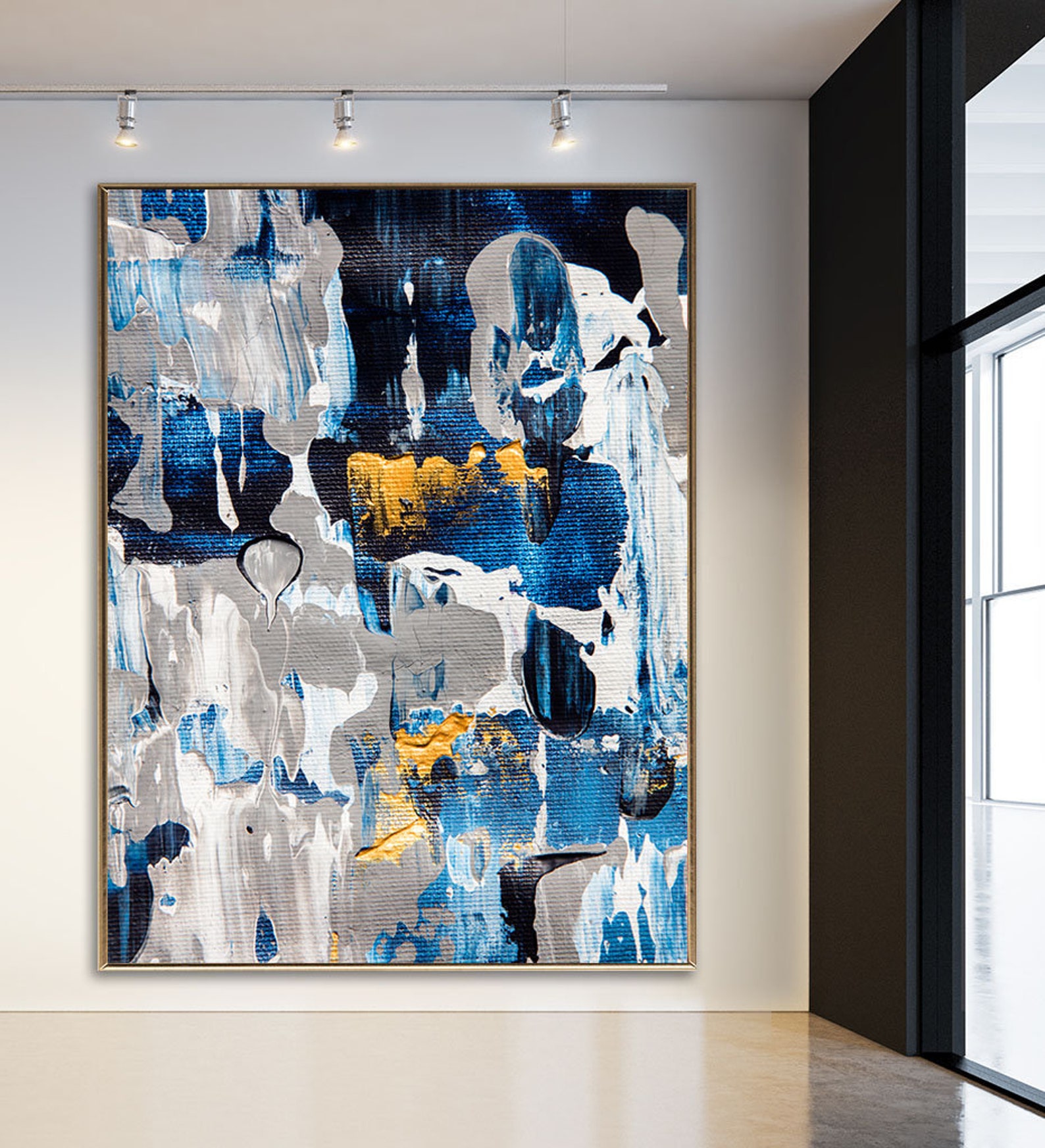 Modern Abstract Gray and Navy Blue Wall Art on Canvas with Etsy