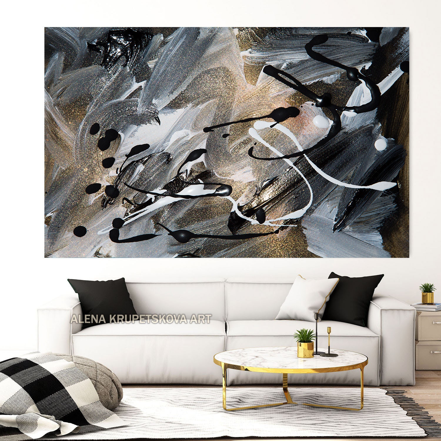 Gold black grey abstract art Modern extra large wall art Etsy