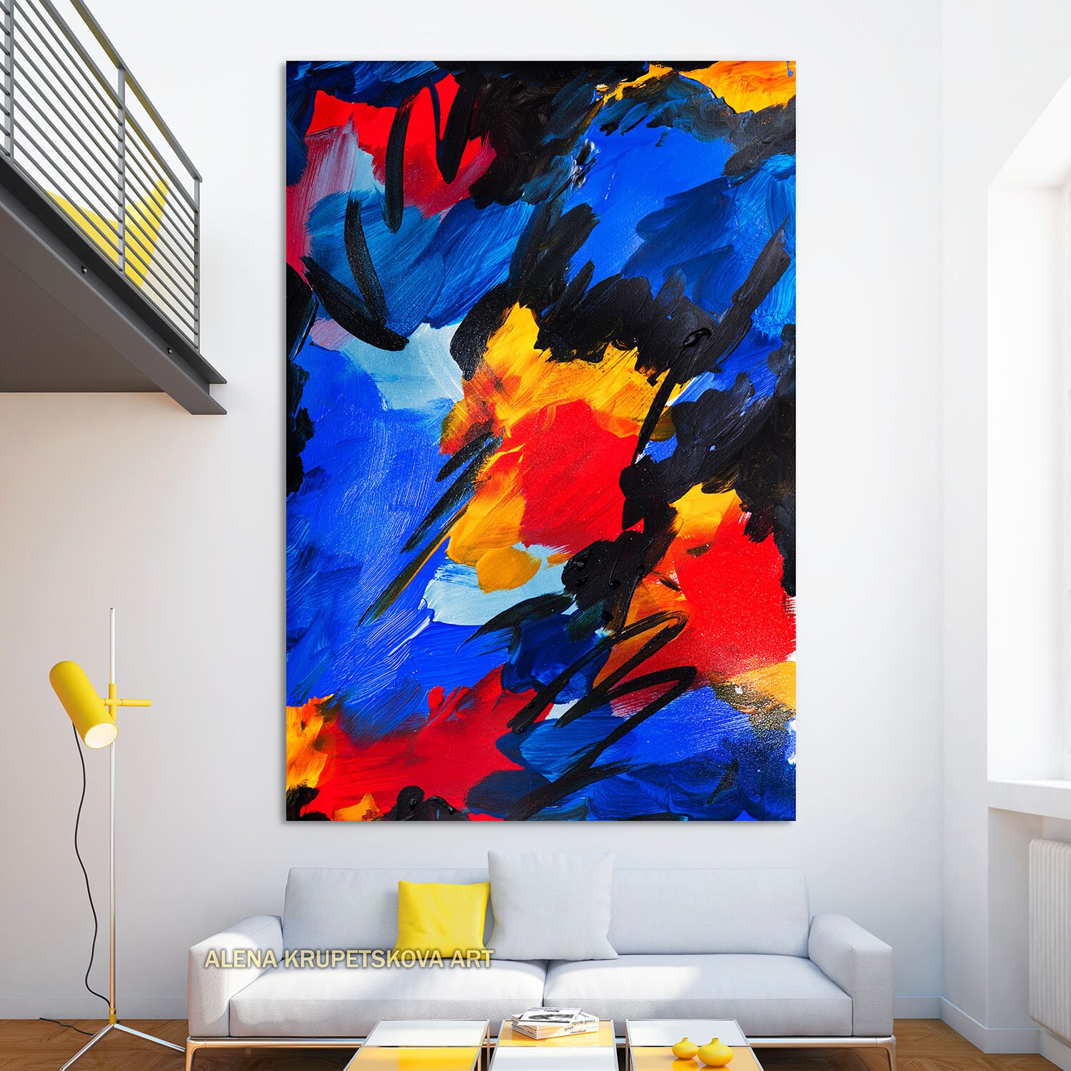 Abstract Trendy Blue and Yellow Wall Art on Canvas Large Etsy