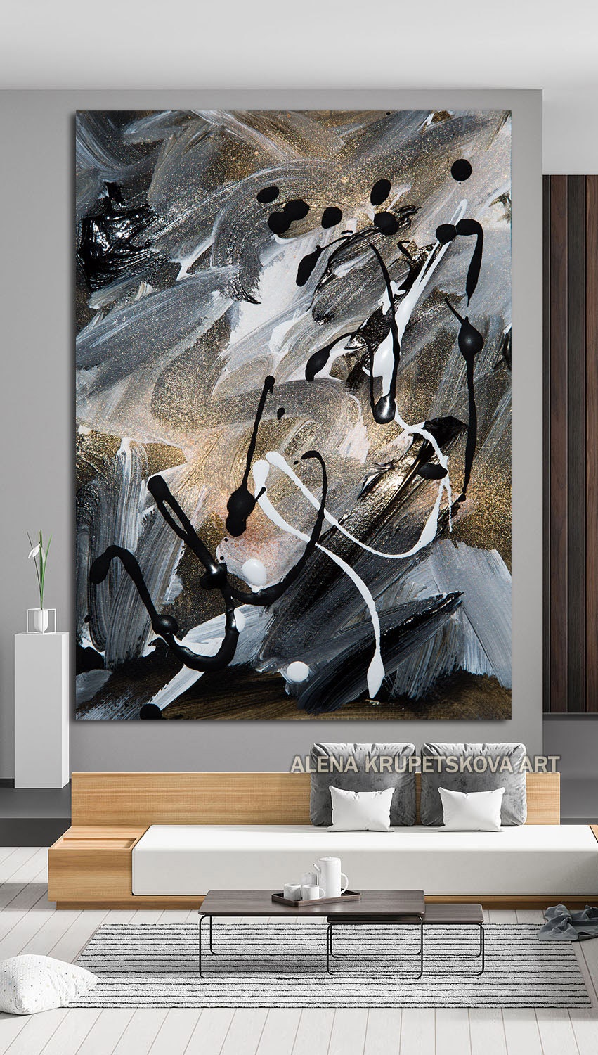 Gold black grey abstract art Modern extra large wall art Etsy