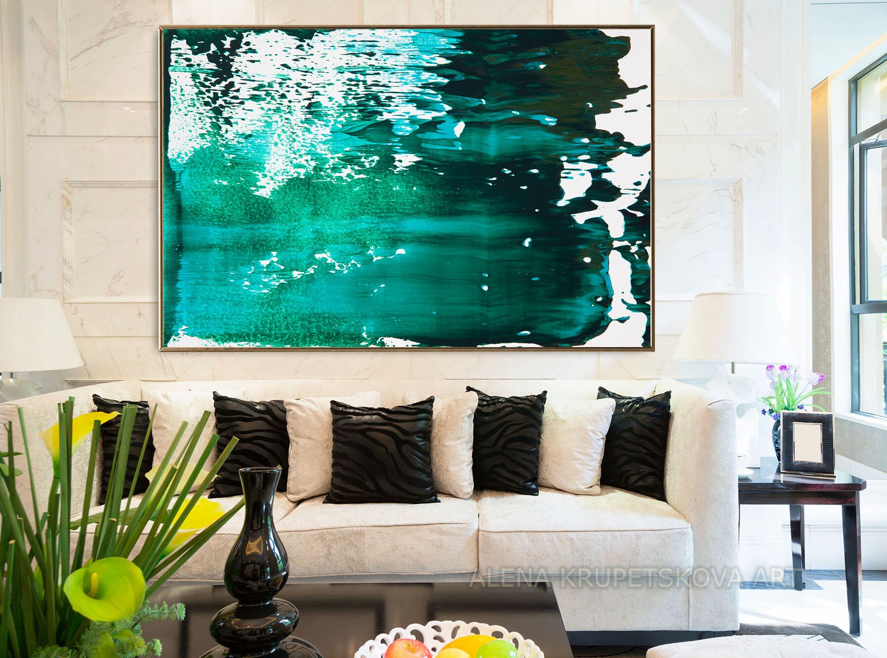 Abstract dark green wall art on canvas Large emerald panel Etsy