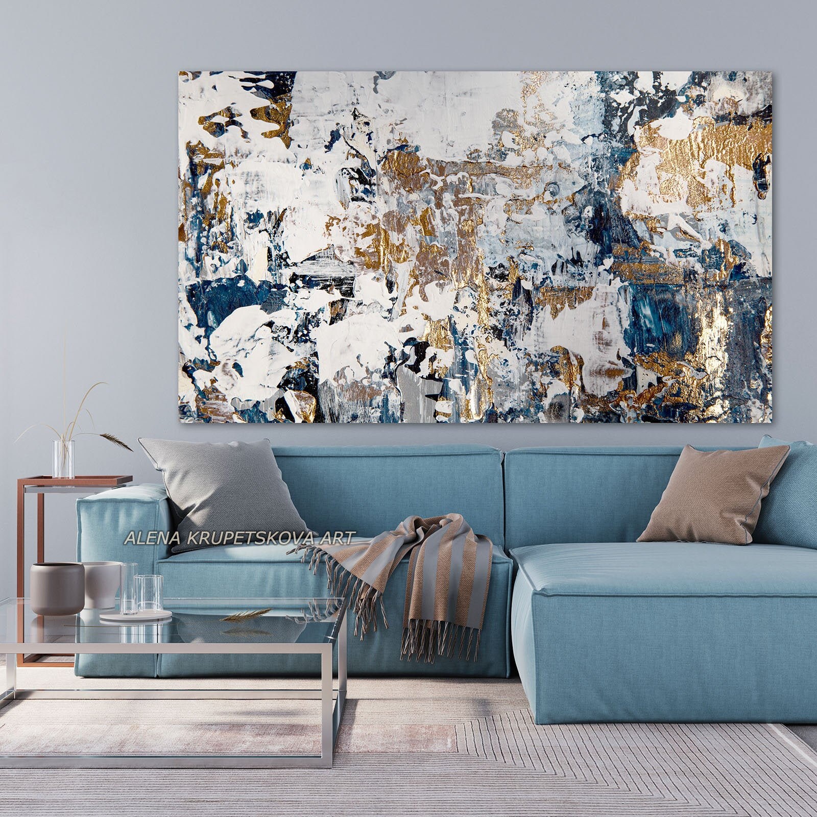 Blue and Gray Wall Decor for Home and Office Graceful Art for Etsy