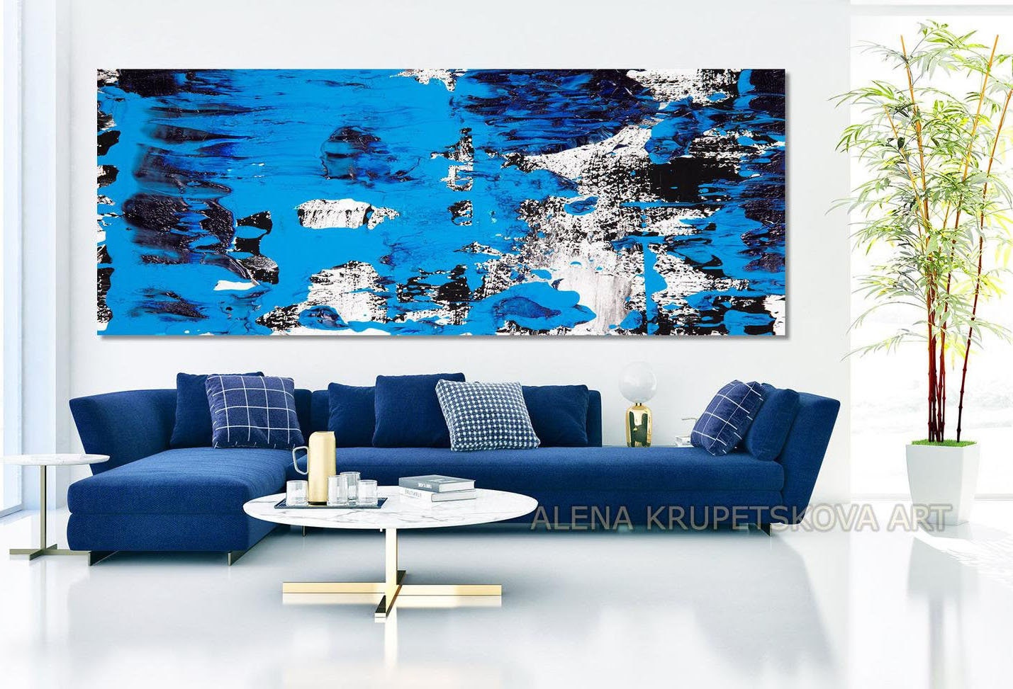 Large White and Blue Abstract Wall Art on Canvas Unique Royal Etsy