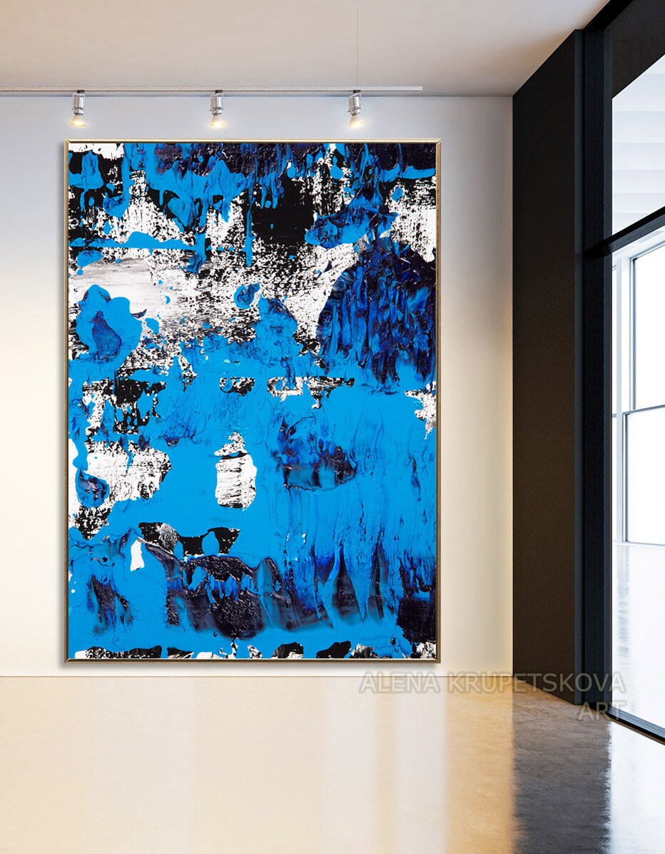 Large White and Blue Abstract Wall Art on Canvas Unique Royal Etsy