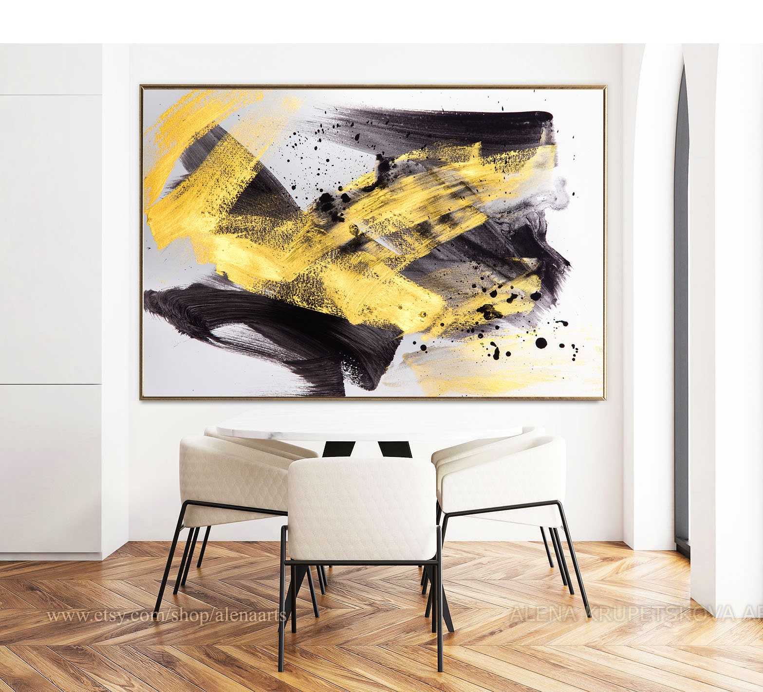 Black gold abstract painting print Black white gold art Etsy