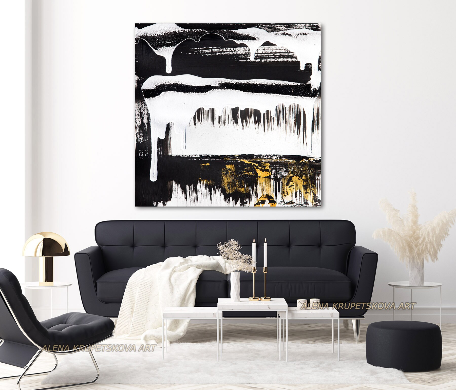 Large wall art black white gold abstract canvas print Etsy