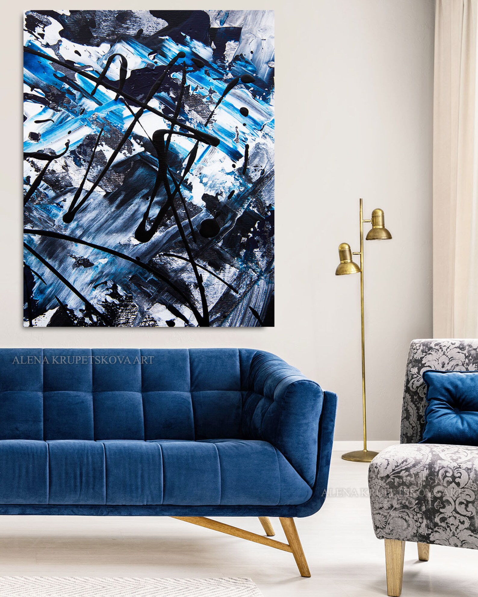 Abstract wall art black white blue art print on canvas | Etsy