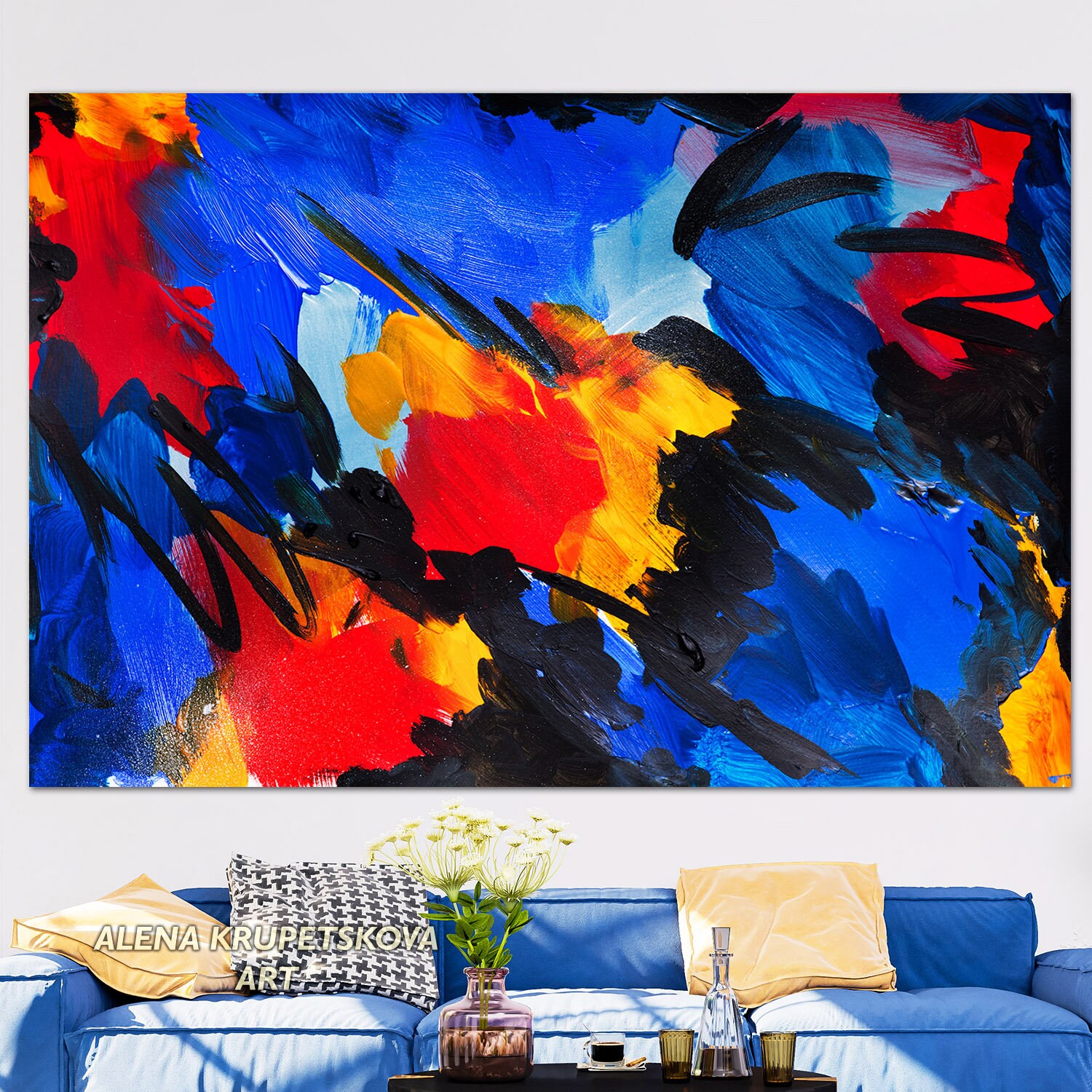 Abstract Trendy Blue and Yellow Wall Art on Canvas Large Etsy