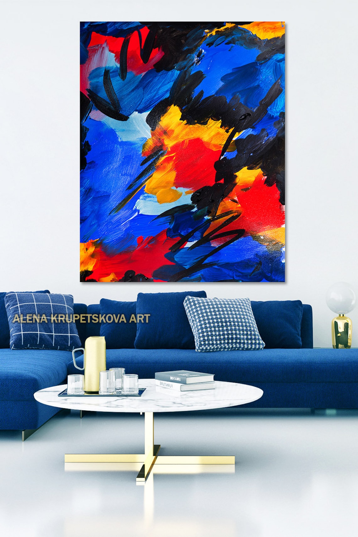 Abstract Trendy Blue and Yellow Wall Art on Canvas Large Etsy