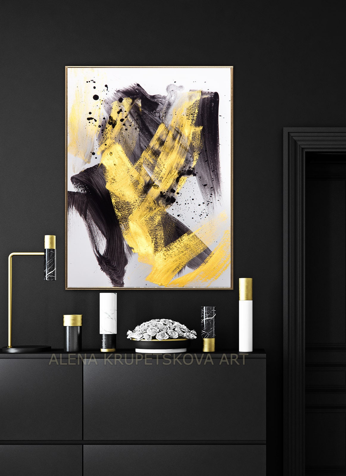 Black gold abstract painting print Black white gold art Etsy