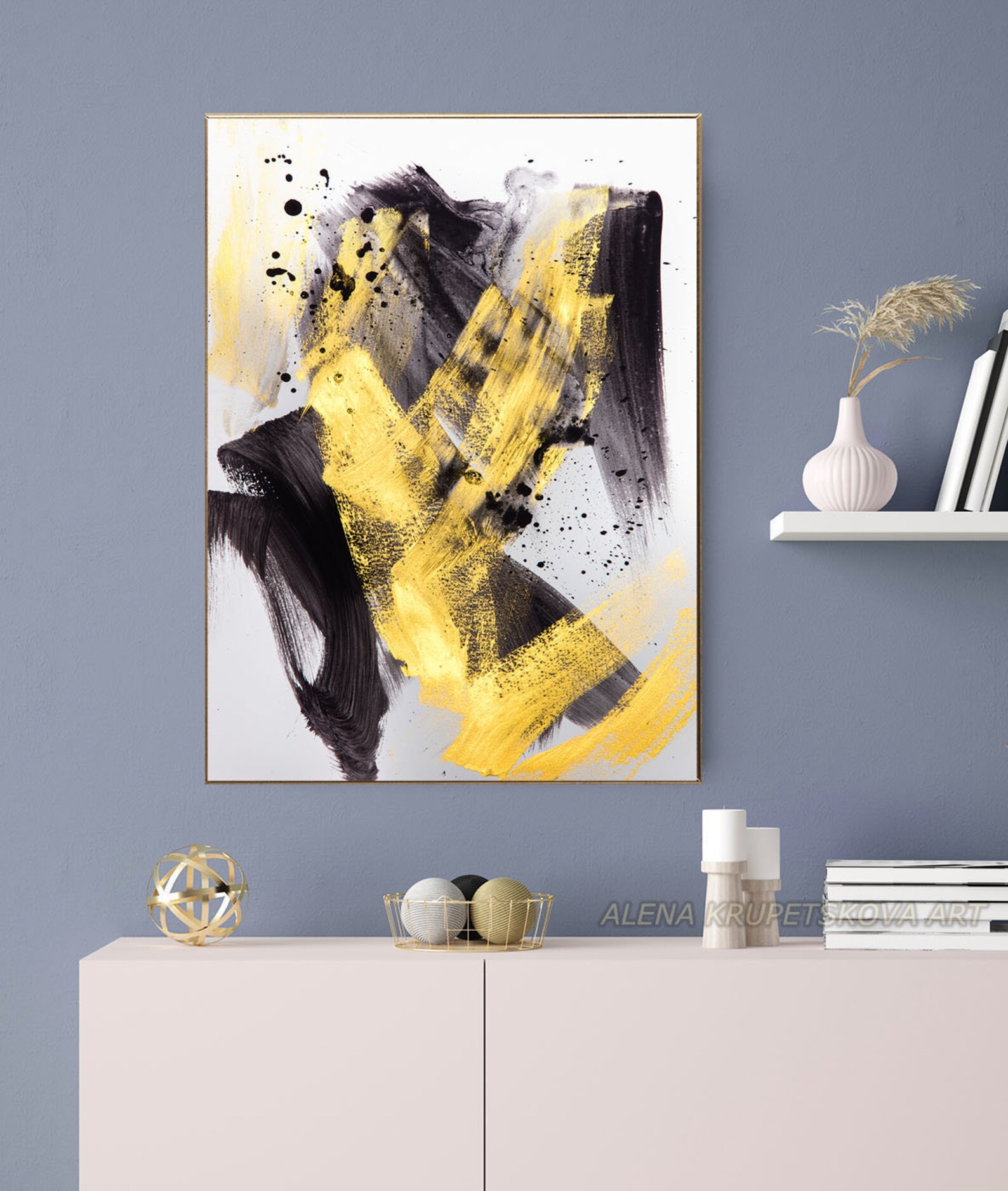 Black gold abstract painting print Black white gold art Etsy