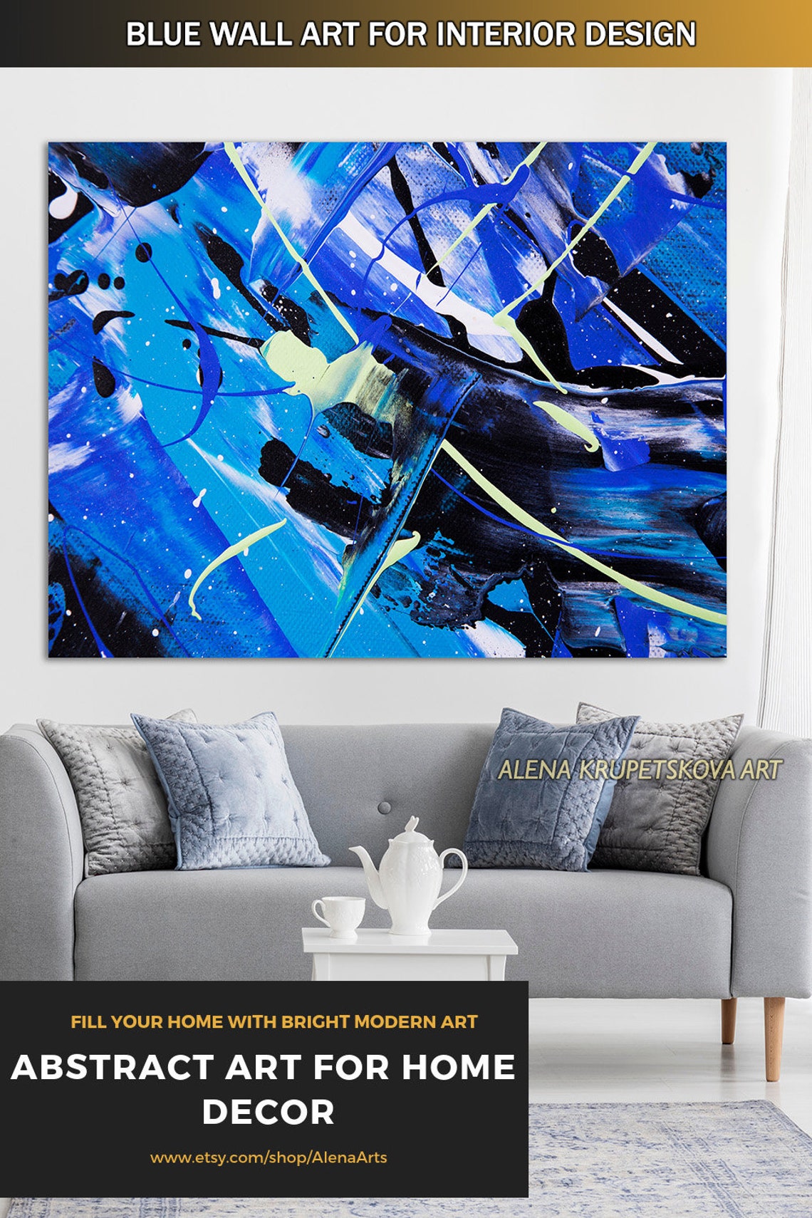 Painting Royal Blue Wall Art Canvas Print Deep Blue Abstract | Etsy