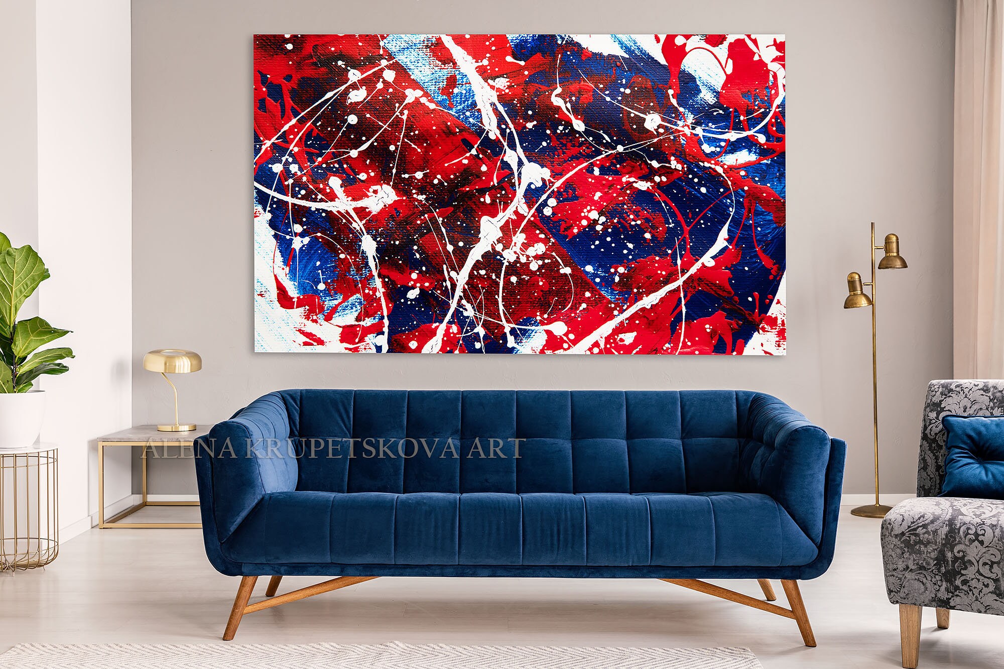 Blue and red wall art for living room Red and blue art print Etsy